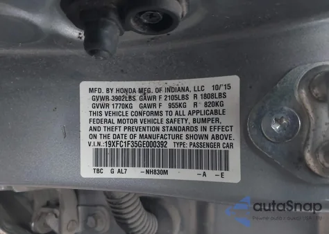 2016 Honda Civic Ex-T из США, поврежденный, VIN 19XFC1F35GE000392